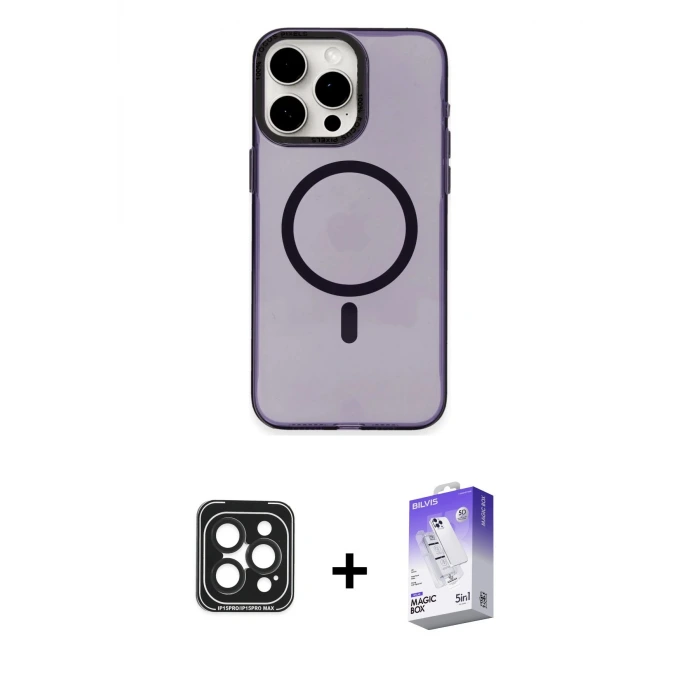 ieg™ iPhone 15 Pro Max Kılıf Eksen Işık Prime - Siyah Bilvis 5in1 3D Magic Cam Ekran Koruyucu + PVD Metal Kamera Lens - SH