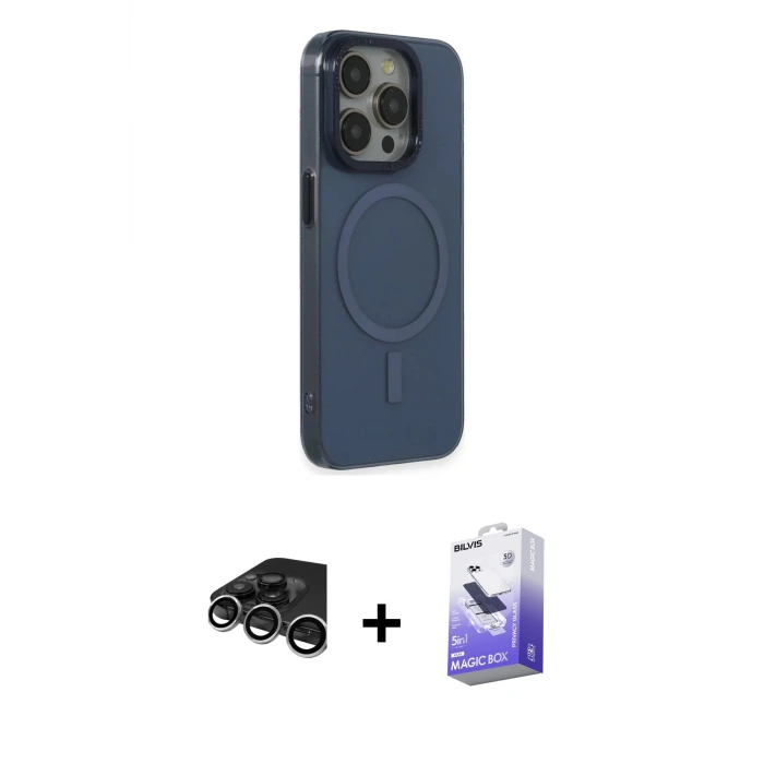 ieg™ iPhone 15 Pro Max Kılıf Eksen Işık Prime - Siyah Bilvis 5in1 5D Magic Hayalet Cam Ekran Koruyucu + Raze Metal Kamera Lens - GS