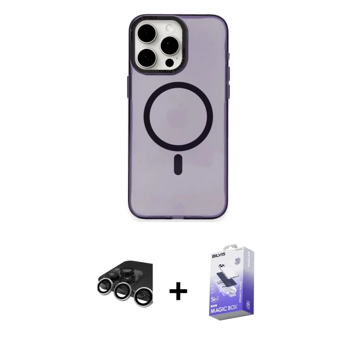 ieg™ iPhone 15 Pro Max Kılıf Eksen Işık Prime - Siyah Bilvis 5in1 5D Magic Hayalet Cam Ekran Koruyucu + Raze Metal Kamera Lens - GS