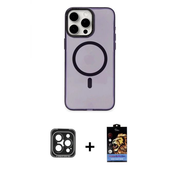 ieg™ iPhone 15 Pro Max Kılıf Eksen Işık Prime - Siyah Buffer Hayalet Cam Ekran Koruyucu + PVD Metal Kamera Lens - SH