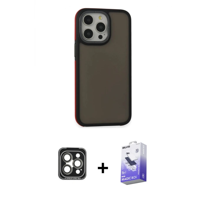 ieg™ iPhone 15 Pro Max Kılıf Eksen Işık - Siyah Bilvis 5in1 5D Magic Hayalet Cam Ekran Koruyucu + PVD Metal Kamera Lens - GI