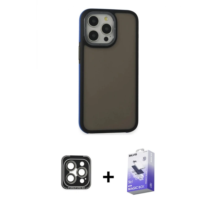 ieg™ iPhone 15 Pro Max Kılıf Eksen Işık - Siyah Bilvis 5in1 5D Magic Hayalet Cam Ekran Koruyucu + PVD Metal Kamera Lens - GI