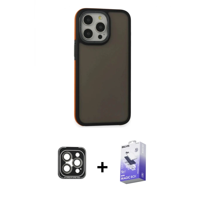 ieg™ iPhone 15 Pro Max Kılıf Eksen Işık - Siyah Bilvis 5in1 5D Magic Hayalet Cam Ekran Koruyucu + PVD Metal Kamera Lens - GI
