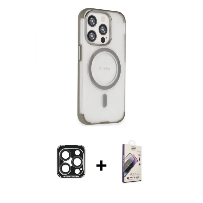 ieg™ iPhone 15 Pro Max Kılıf Eksen Klasik Koleksiyonu - Siyah Bilvis 3D Mat Cam Ekran Koruyucu + PVD Metal Kamera Lens - LT