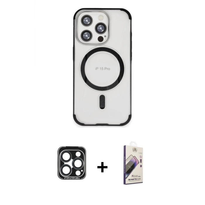 ieg™ iPhone 15 Pro Max Kılıf Eksen Klasik Koleksiyonu - Siyah Bilvis 3D Mat Cam Ekran Koruyucu + PVD Metal Kamera Lens - LT