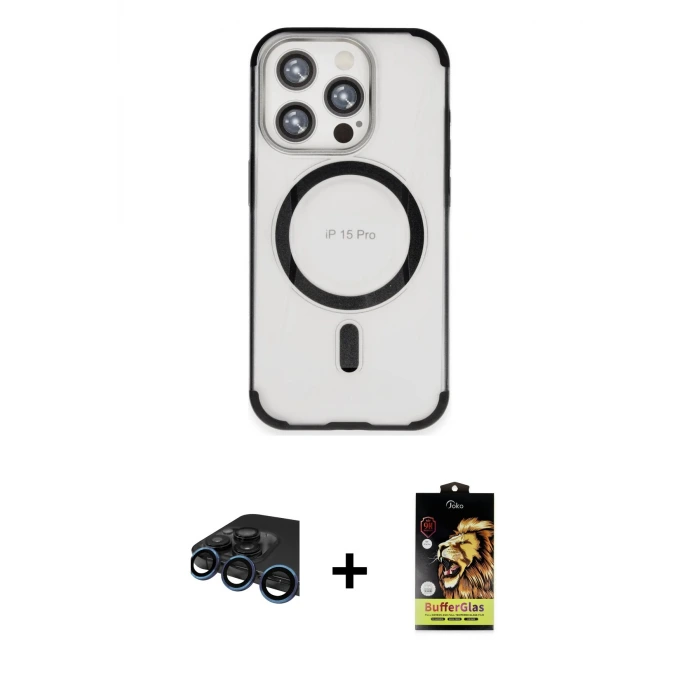 ieg™ iPhone 15 Pro Max Kılıf Eksen Klasik Koleksiyonu - Siyah Buffer Cam Ekran Koruyucu + Raze Metal Kamera Lens - LT
