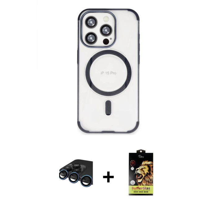 ieg™ iPhone 15 Pro Max Kılıf Eksen Klasik Koleksiyonu - Siyah Buffer Cam Ekran Koruyucu + Raze Metal Kamera Lens - LT