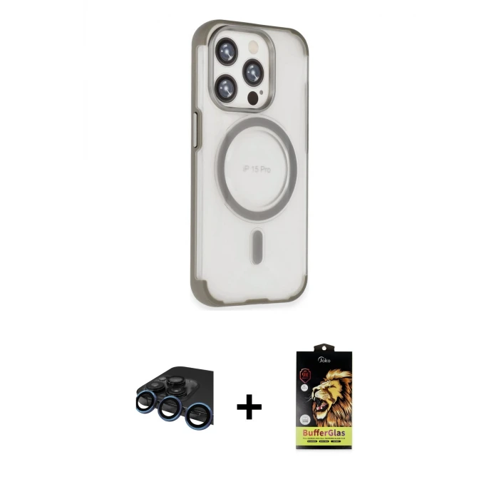 ieg™ iPhone 15 Pro Max Kılıf Eksen Klasik Koleksiyonu - Siyah Buffer Cam Ekran Koruyucu + Raze Metal Kamera Lens - LT