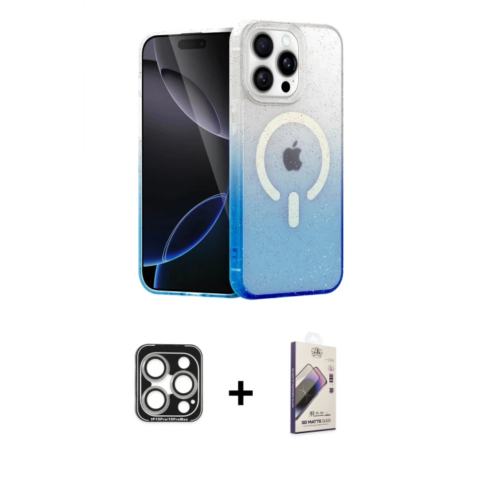ieg™ iPhone 15 Pro Max Kılıf Eksen Minimal Özel Seri - Siyah Bilvis 3D Mat Cam Ekran Koruyucu + PVD Metal Kamera Lens - GS