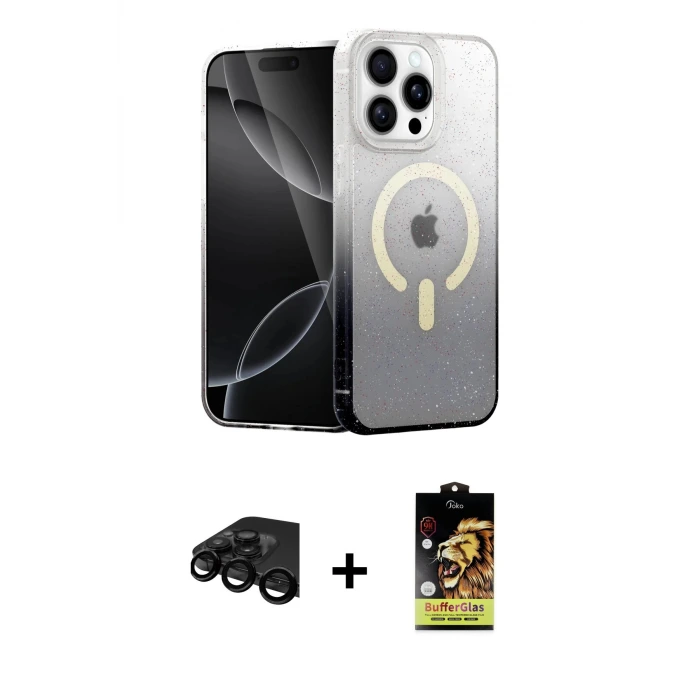 ieg™ iPhone 15 Pro Max Kılıf Eksen Minimal Özel Seri - Siyah Buffer Cam Ekran Koruyucu + Raze Metal Kamera Lens - SH