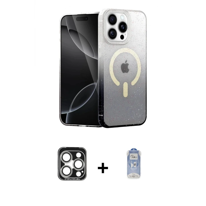 ieg™ iPhone 15 Pro Max Kılıf Eksen Minimal Özel Seri - Siyah Joko Magic 5D Cam + PVD Metal Kamera Lens - GS