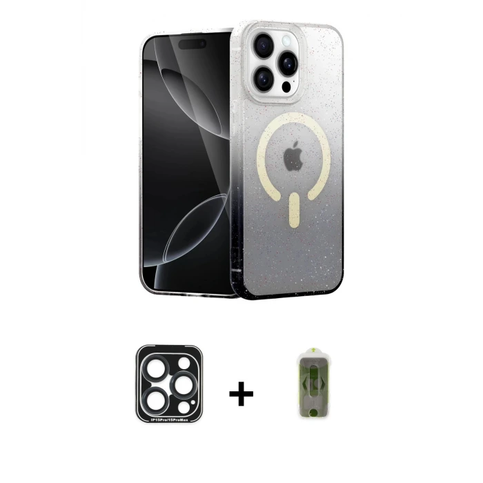 ieg™ iPhone 15 Pro Max Kılıf Eksen Minimal Özel Seri - Siyah Joko Magic 5D Hayalet Cam + PVD Metal Kamera Lens - LT