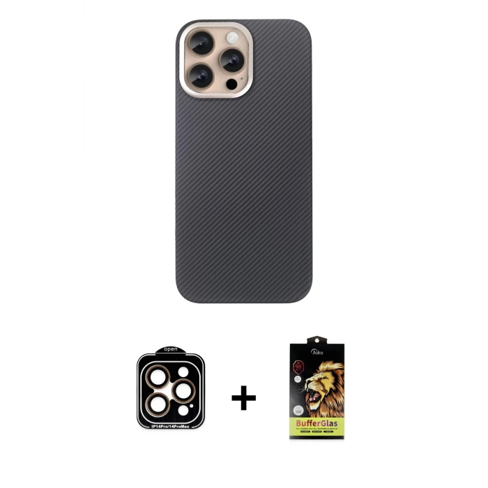 ieg™ iPhone 15 Pro Max Kılıf Eksen Prime - Siyah Buffer Cam Ekran Koruyucu + PVD Metal Kamera Lens - TU