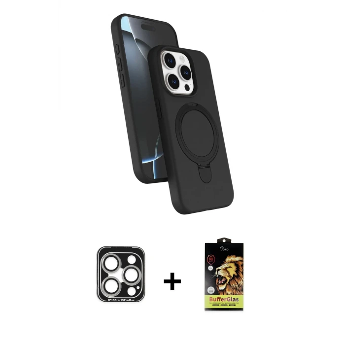 ieg™ iPhone 15 Pro Max Kılıf İz Işık Koleksiyonu - Siyah Buffer Cam Ekran Koruyucu + PVD Metal Kamera Lens - GS