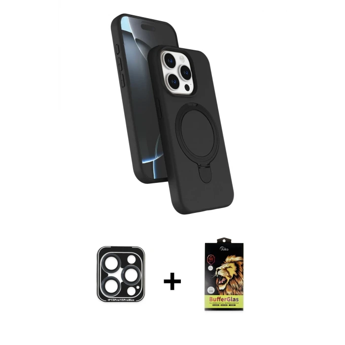 ieg™ iPhone 15 Pro Max Kılıf İz Işık Koleksiyonu - Siyah Buffer Cam Ekran Koruyucu + PVD Metal Kamera Lens - LT