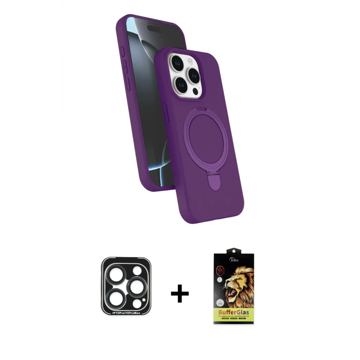 ieg™ iPhone 15 Pro Max Kılıf İz Işık Koleksiyonu - Siyah Buffer Cam Ekran Koruyucu + PVD Metal Kamera Lens - LT