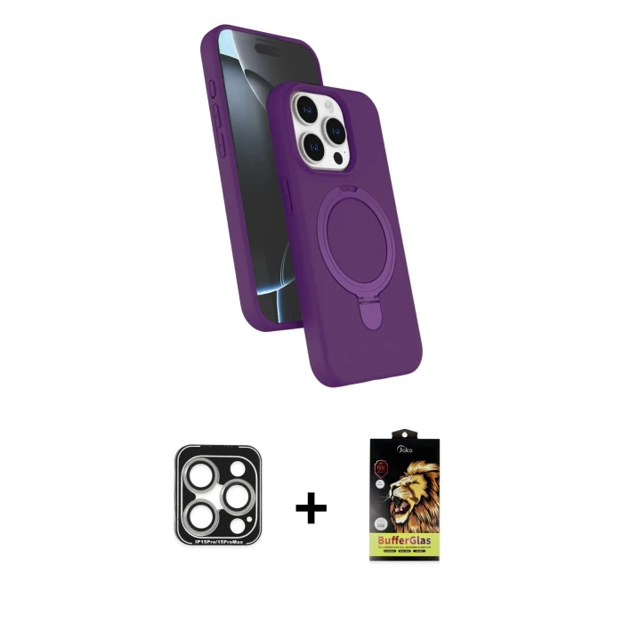 ieg™ iPhone 15 Pro Max Kılıf İz Işık Koleksiyonu - Siyah Buffer Cam Ekran Koruyucu + PVD Metal Kamera Lens - GS