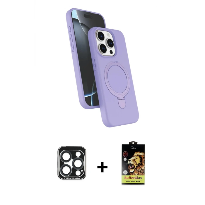 ieg™ iPhone 15 Pro Max Kılıf İz Işık Koleksiyonu - Siyah Buffer Cam Ekran Koruyucu + PVD Metal Kamera Lens - LT