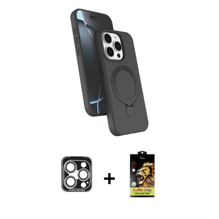ieg™ iPhone 15 Pro Max Kılıf İz Işık Koleksiyonu - Siyah Buffer Cam Ekran Koruyucu + PVD Metal Kamera Lens - GS