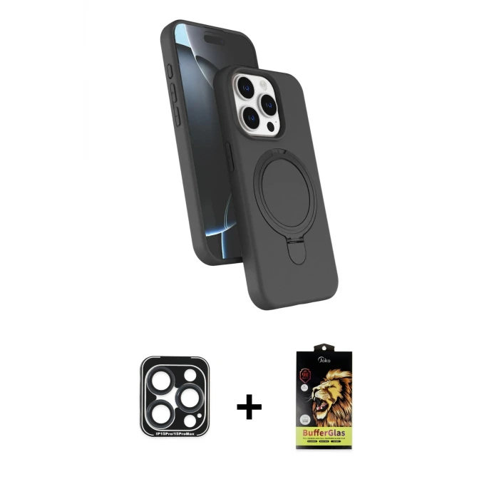 ieg™ iPhone 15 Pro Max Kılıf İz Işık Koleksiyonu - Siyah Buffer Cam Ekran Koruyucu + PVD Metal Kamera Lens - LT