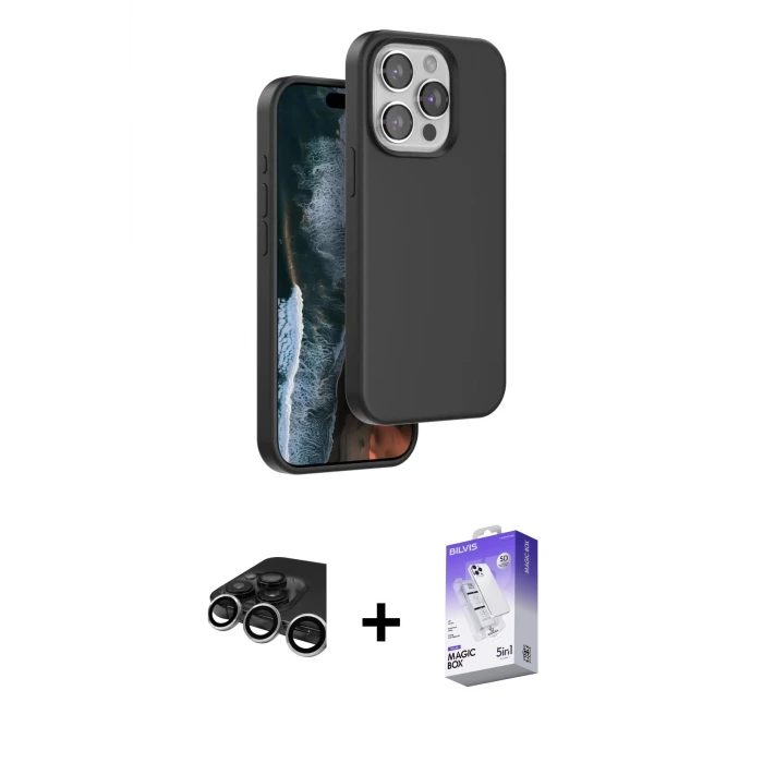 ieg™ iPhone 15 Pro Max Kılıf Kıvılcım Çizgi Serisi - Siyah Bilvis 5in1 3D Magic Cam Ekran Koruyucu + Raze Metal Kamera Lens - GS