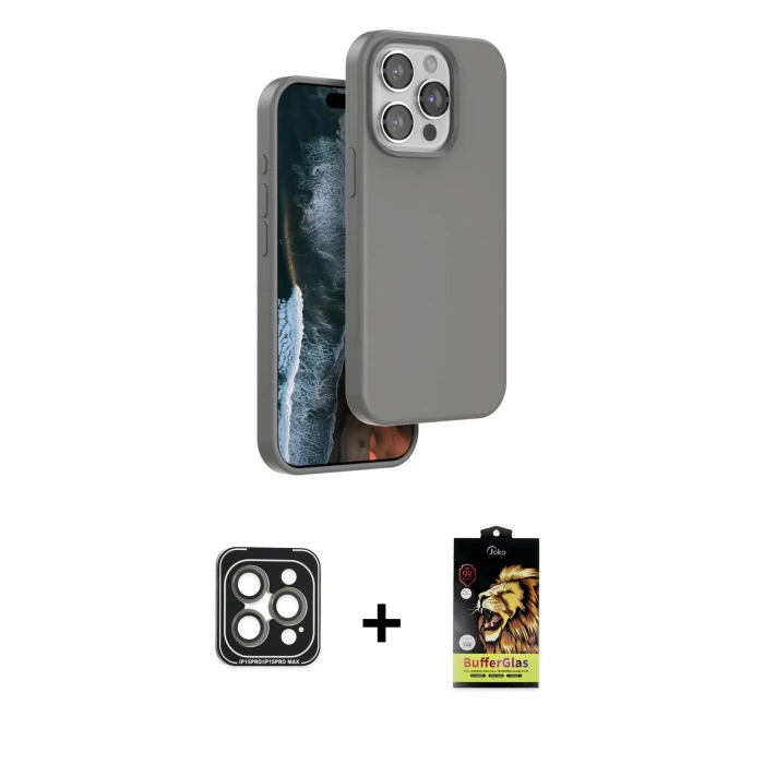 ieg™ iPhone 15 Pro Max Kılıf Kıvılcım Çizgi Serisi - Siyah Buffer Cam Ekran Koruyucu + PVD Metal Kamera Lens - GI