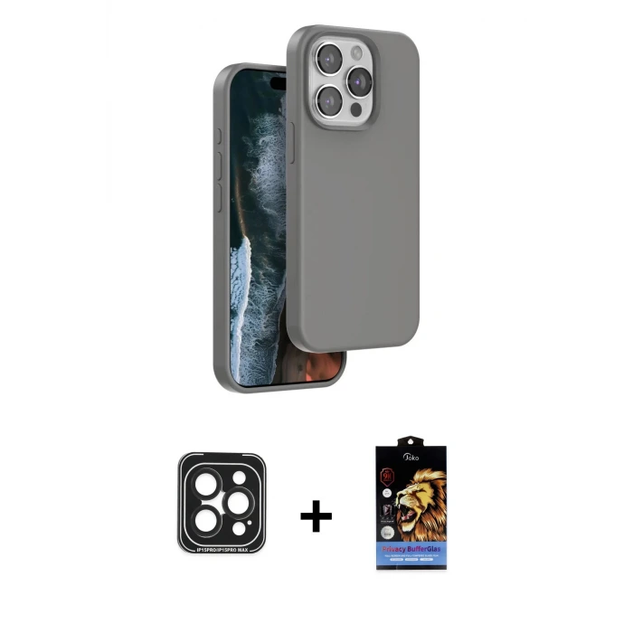 ieg™ iPhone 15 Pro Max Kılıf Kıvılcım Çizgi Serisi - Siyah Buffer Hayalet Cam Ekran Koruyucu + PVD Metal Kamera Lens - SH
