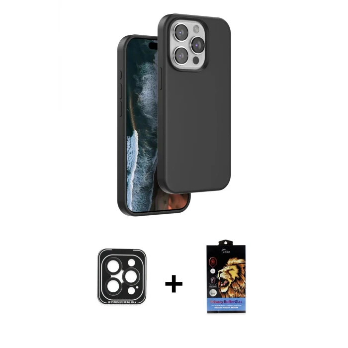ieg™ iPhone 15 Pro Max Kılıf Kıvılcım Çizgi Serisi - Siyah Buffer Hayalet Cam Ekran Koruyucu + PVD Metal Kamera Lens - SH