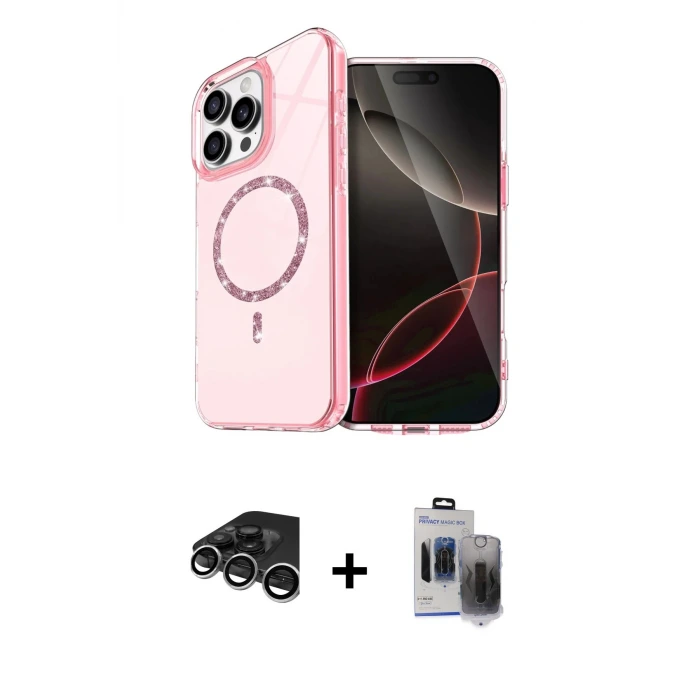 ieg™ iPhone 15 Pro Max Kılıf Kıvılcım Form Prime - Siyah Vanessa Magic Hayalet Cam + Raze Metal Kamera Lens - GS