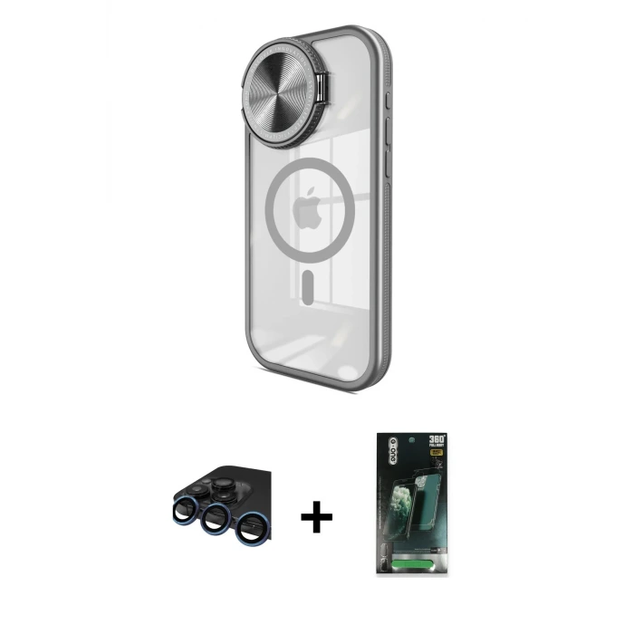 ieg™ iPhone 15 Pro Max Kılıf Kıvılcım Modern Koleksiyonu - Şeffaf 360 Full Body Arka Koruyucu + Raze Metal Kamera Lens - LT