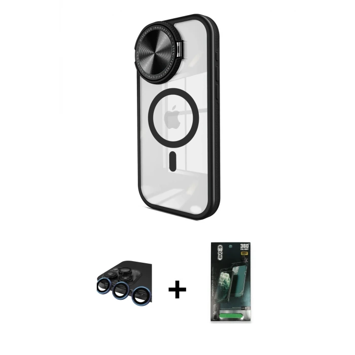 ieg™ iPhone 15 Pro Max Kılıf Kıvılcım Modern Koleksiyonu - Şeffaf 360 Full Body Arka Koruyucu + Raze Metal Kamera Lens - LT