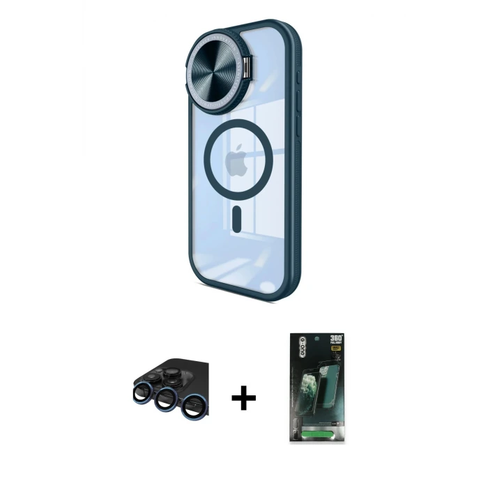 ieg™ iPhone 15 Pro Max Kılıf Kıvılcım Modern Koleksiyonu - Şeffaf 360 Full Body Arka Koruyucu + Raze Metal Kamera Lens - LT