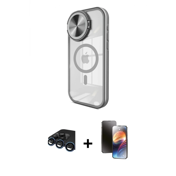 ieg™ iPhone 15 Pro Max Kılıf Kıvılcım Modern Koleksiyonu - Siyah 3D Antistatik Mat Seramik Nano Ekran Koruyucu + Raze Metal Kamera Lens - LT