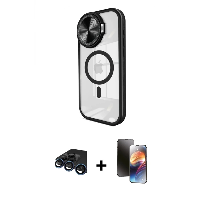 ieg™ iPhone 15 Pro Max Kılıf Kıvılcım Modern Koleksiyonu - Siyah 3D Antistatik Mat Seramik Nano Ekran Koruyucu + Raze Metal Kamera Lens - LT
