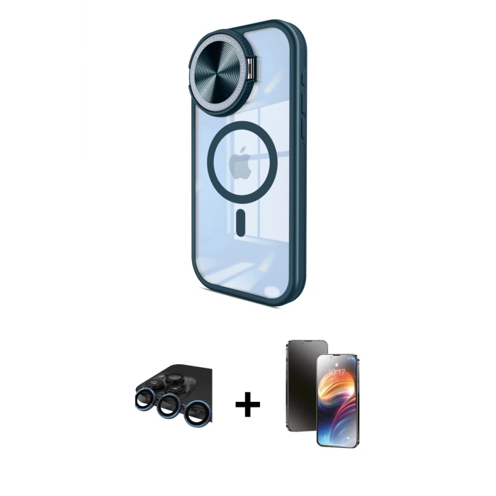 ieg™ iPhone 15 Pro Max Kılıf Kıvılcım Modern Koleksiyonu - Siyah 3D Antistatik Mat Seramik Nano Ekran Koruyucu + Raze Metal Kamera Lens - LT