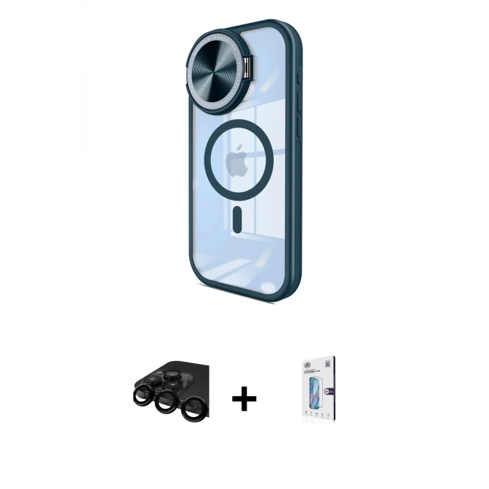 ieg™ iPhone 15 Pro Max Kılıf Kıvılcım Modern Koleksiyonu - Siyah Bilvis 0.18mm Plus Cam Ekran Koruyucu + Raze Metal Kamera Lens - SH