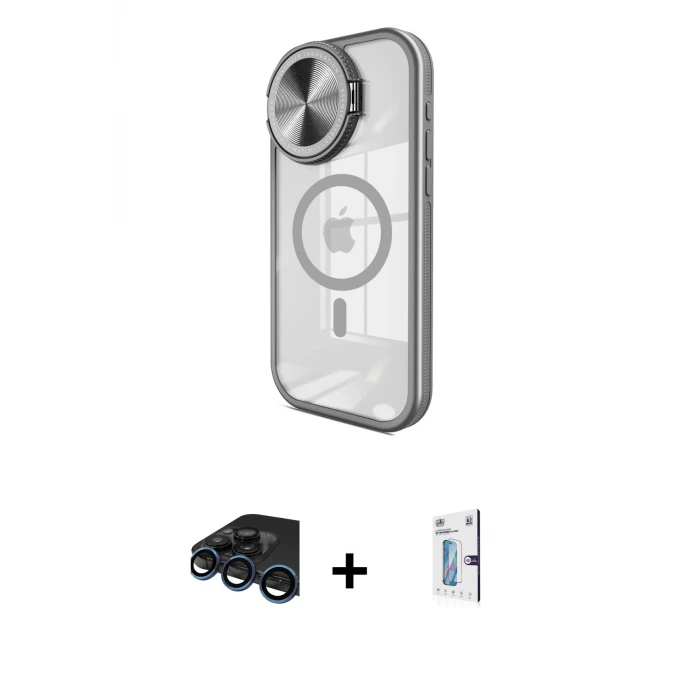 ieg™ iPhone 15 Pro Max Kılıf Kıvılcım Modern Koleksiyonu - Siyah Bilvis 0.18mm Plus Cam Ekran Koruyucu + Raze Metal Kamera Lens - LT