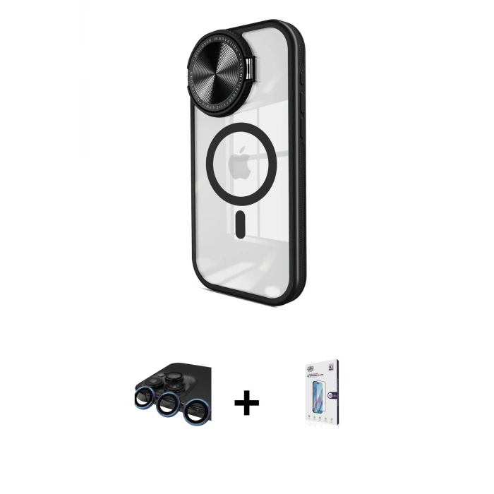 ieg™ iPhone 15 Pro Max Kılıf Kıvılcım Modern Koleksiyonu - Siyah Bilvis 0.18mm Plus Cam Ekran Koruyucu + Raze Metal Kamera Lens - LT