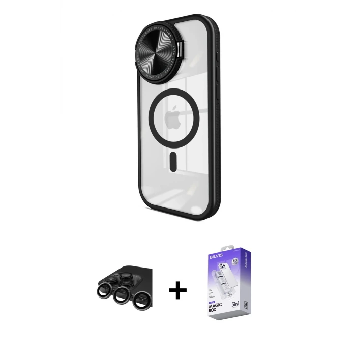 ieg™ iPhone 15 Pro Max Kılıf Kıvılcım Modern Koleksiyonu - Siyah Bilvis 5in1 3D Magic Cam Ekran Koruyucu + Raze Metal Kamera Lens - TMGI