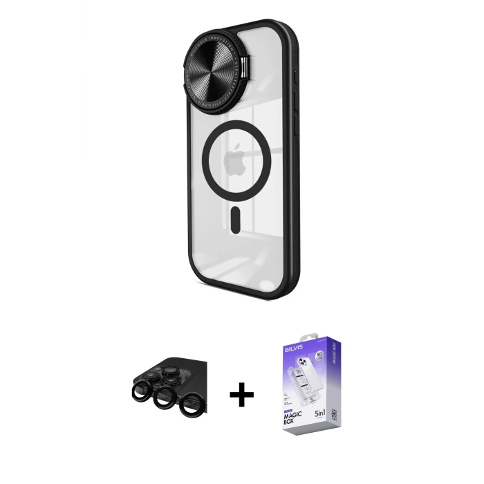 ieg™ iPhone 15 Pro Max Kılıf Kıvılcım Modern Koleksiyonu - Siyah Bilvis 5in1 3D Magic Cam Ekran Koruyucu + Raze Metal Kamera Lens - SH