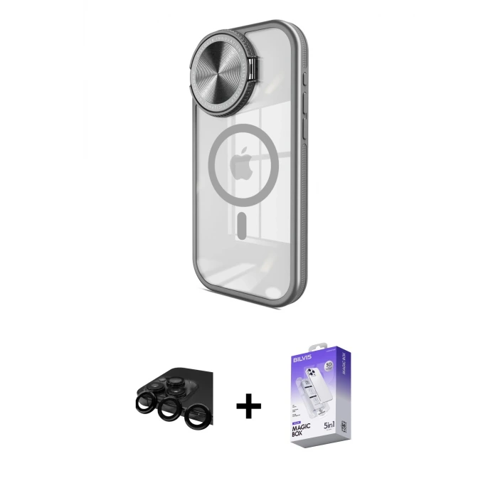 ieg™ iPhone 15 Pro Max Kılıf Kıvılcım Modern Koleksiyonu - Siyah Bilvis 5in1 3D Magic Cam Ekran Koruyucu + Raze Metal Kamera Lens - SH