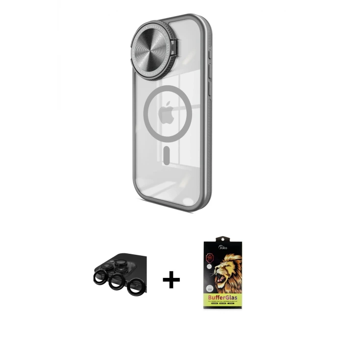 ieg™ iPhone 15 Pro Max Kılıf Kıvılcım Modern Koleksiyonu - Siyah Buffer Cam Ekran Koruyucu + Raze Metal Kamera Lens - SH