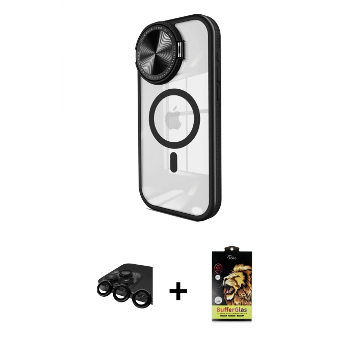 ieg™ iPhone 15 Pro Max Kılıf Kıvılcım Modern Koleksiyonu - Siyah Buffer Cam Ekran Koruyucu + Raze Metal Kamera Lens - SH
