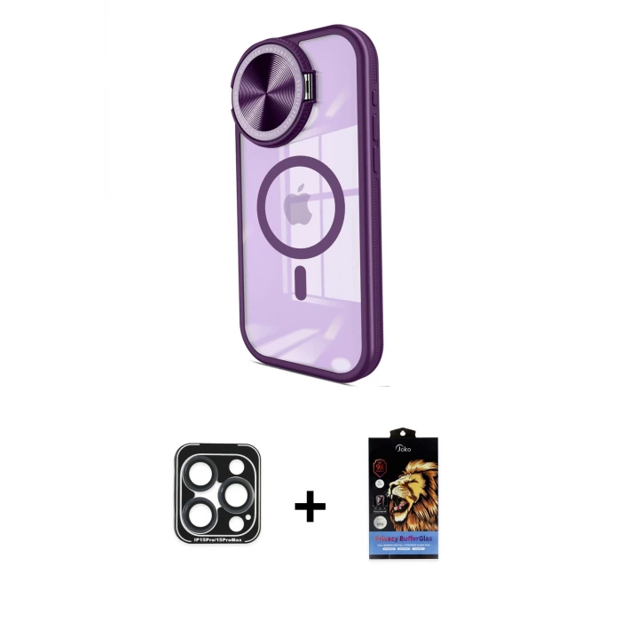 ieg™ iPhone 15 Pro Max Kılıf Kıvılcım Modern Koleksiyonu - Siyah Buffer Hayalet Cam Ekran Koruyucu + PVD Metal Kamera Lens - LT
