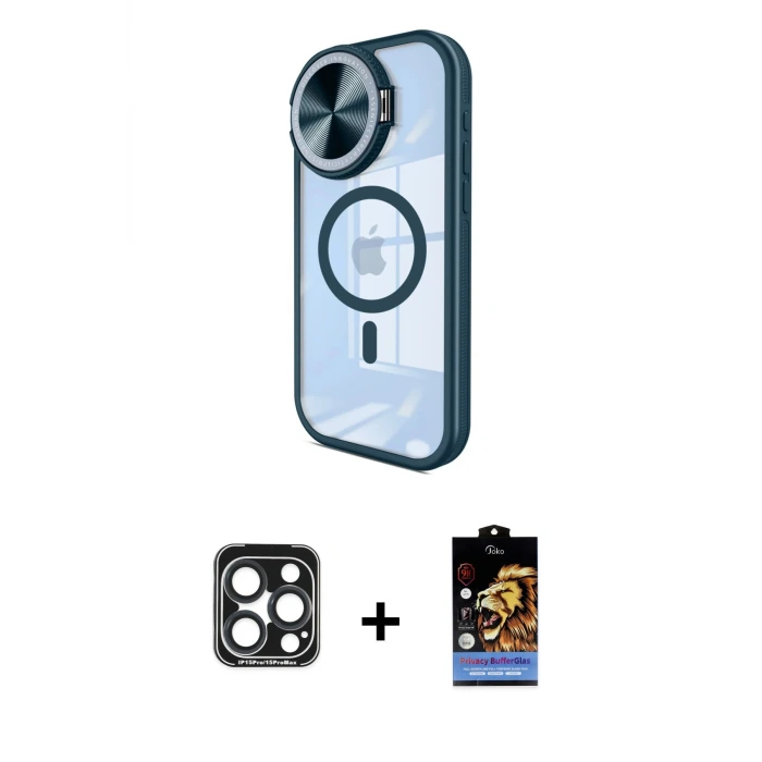 ieg™ iPhone 15 Pro Max Kılıf Kıvılcım Modern Koleksiyonu - Siyah Buffer Hayalet Cam Ekran Koruyucu + PVD Metal Kamera Lens - LT