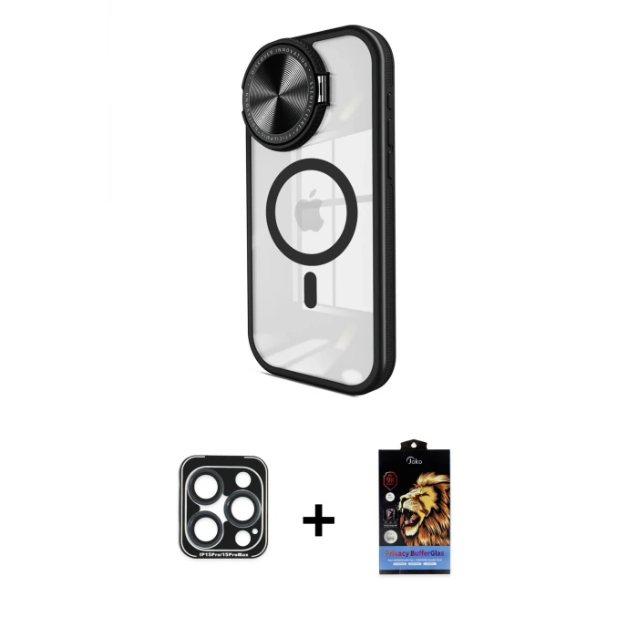 ieg™ iPhone 15 Pro Max Kılıf Kıvılcım Modern Koleksiyonu - Siyah Buffer Hayalet Cam Ekran Koruyucu + PVD Metal Kamera Lens - LT
