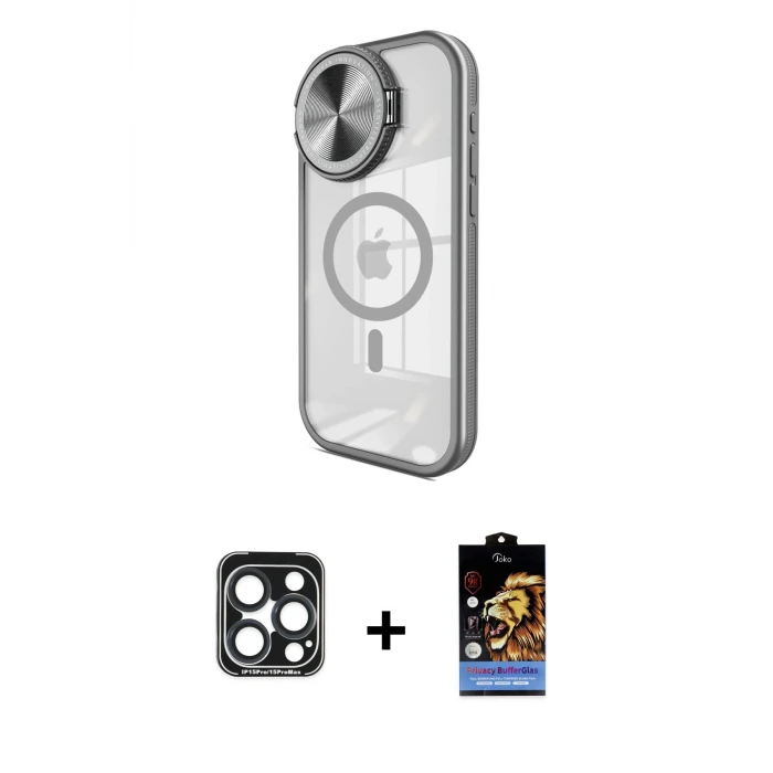 ieg™ iPhone 15 Pro Max Kılıf Kıvılcım Modern Koleksiyonu - Siyah Buffer Hayalet Cam Ekran Koruyucu + PVD Metal Kamera Lens - LT