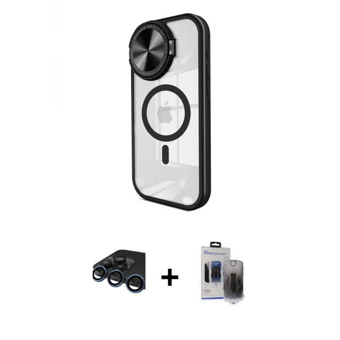 ieg™ iPhone 15 Pro Max Kılıf Kıvılcım Modern Koleksiyonu - Siyah Vanessa Magic Hayalet Cam + Raze Metal Kamera Lens - LT
