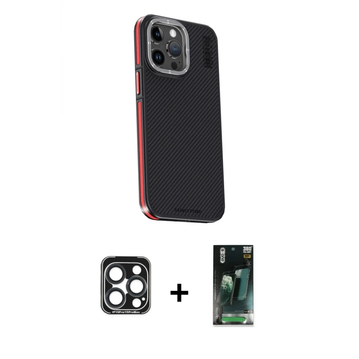 ieg™ iPhone 15 Pro Max Kılıf Kıvılcım Modern Özel Seri - Siyah 360 Mat Full Body Arka Koruyucu + PVD Metal Kamera Lens - LT