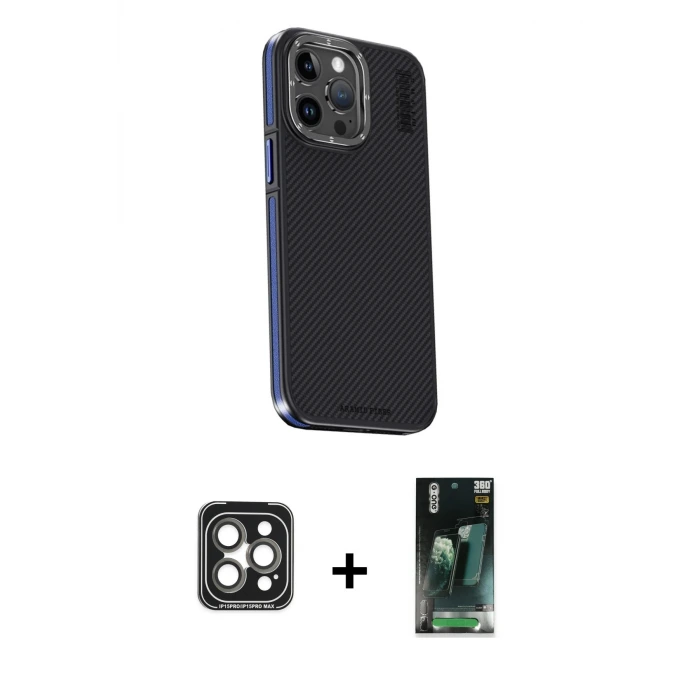 ieg™ iPhone 15 Pro Max Kılıf Kıvılcım Modern Özel Seri - Siyah 360 Mat Full Body Arka Koruyucu + PVD Metal Kamera Lens - GI